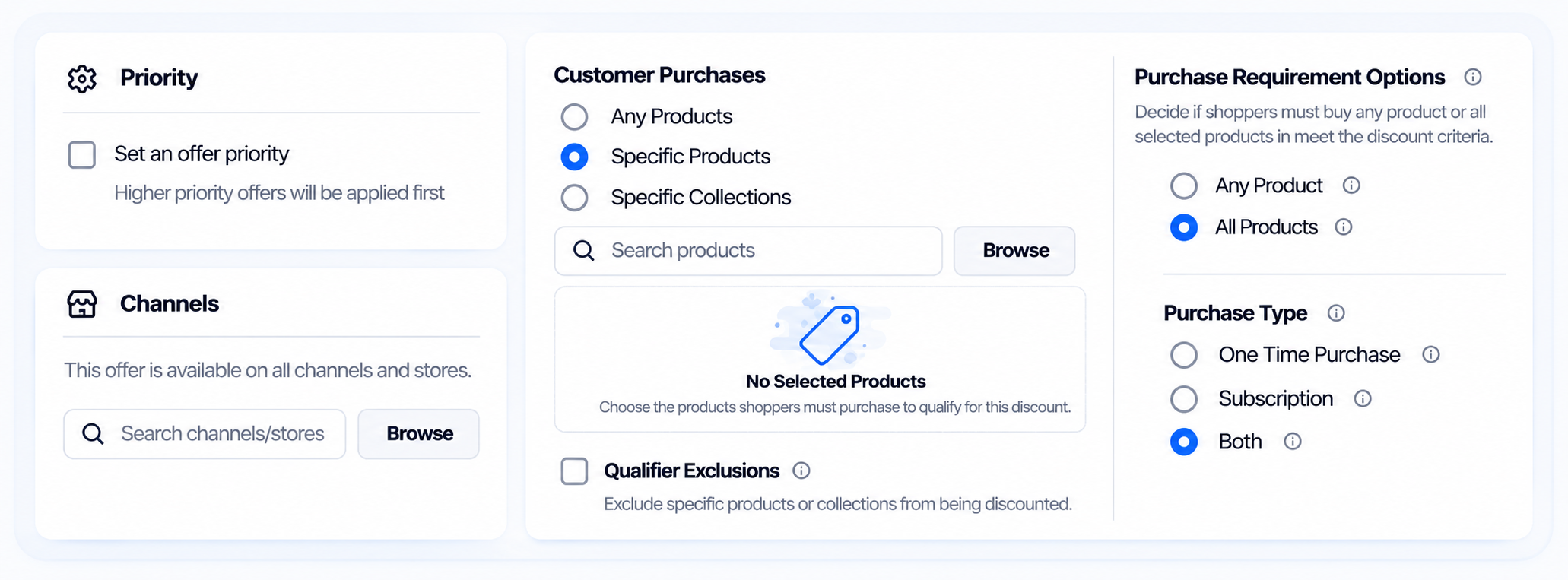 Atom Discounts advanced controls for customer purchases, priority, channels, and purchase rules