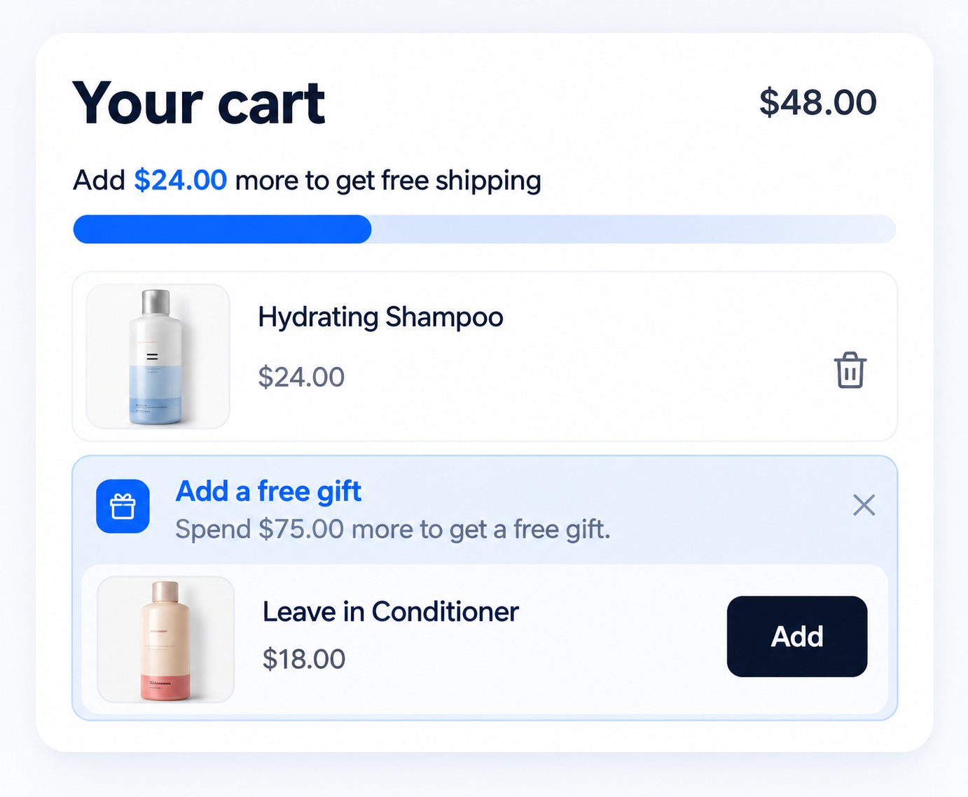 Storefront cart with free shipping progress and a free gift upsell