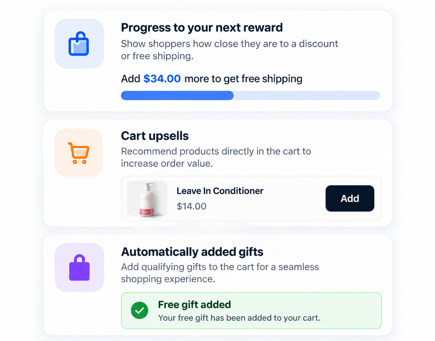 Progress bar, cart upsell, and automatically added gift widgets