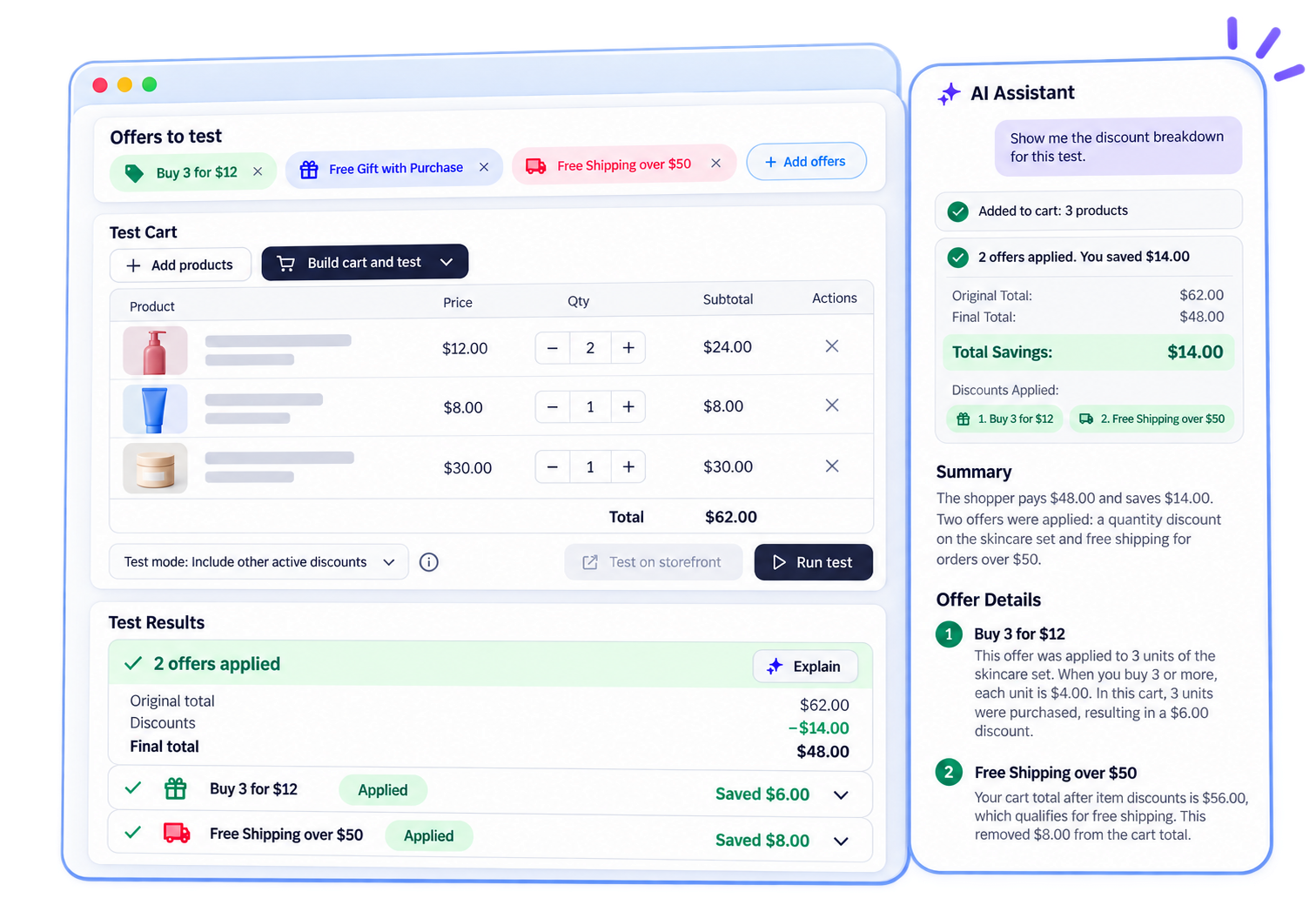 Test Offers workspace beside an AI assistant explaining which discounts applied and why