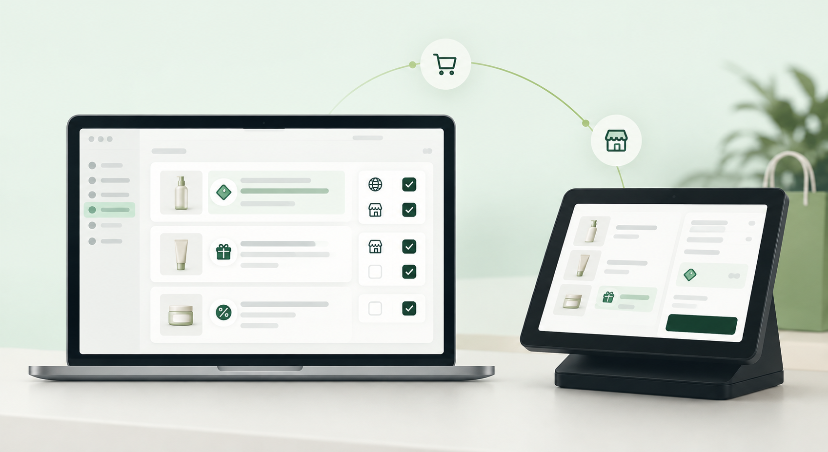 Laptop and POS tablet showing the same product discounts online and in store